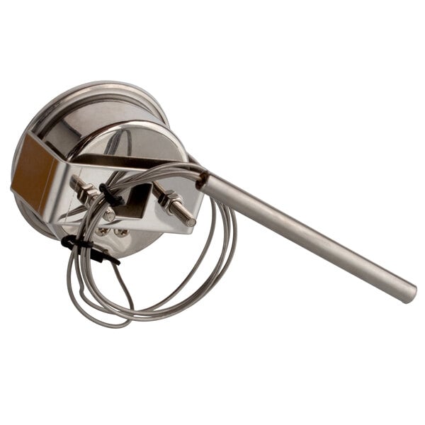 A stainless steel Cooking Performance Group temperature gauge with wires.