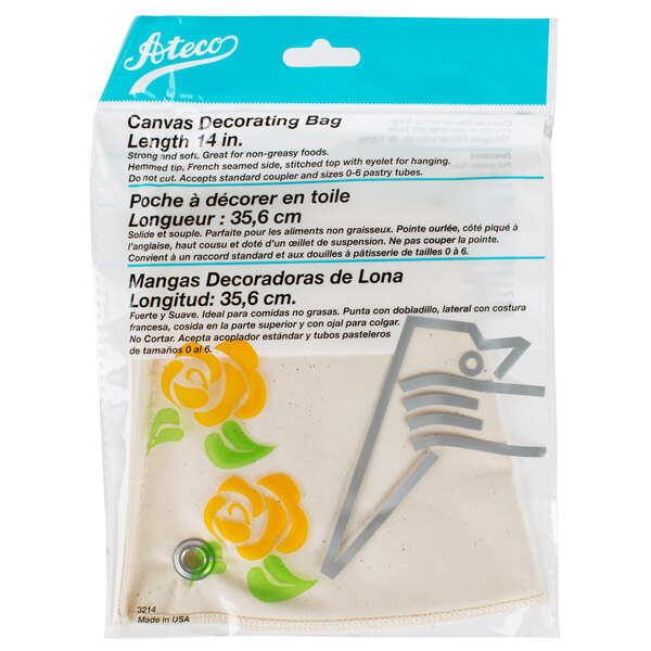 A white fabric pastry bag with a flower design on the label.