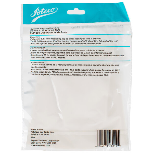 A plastic bag with the words "Ateco 14" Canvas Pastry Bag" in blue and white.