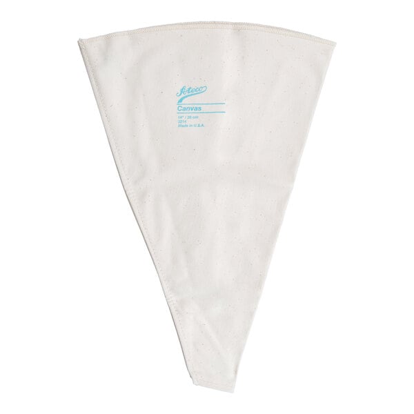 A white, triangular canvas pastry bag with blue text printed near the top.