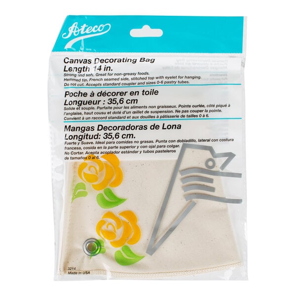A packaged canvas decorating bag with yellow flower designs and printed instructions in English, French, and Spanish.