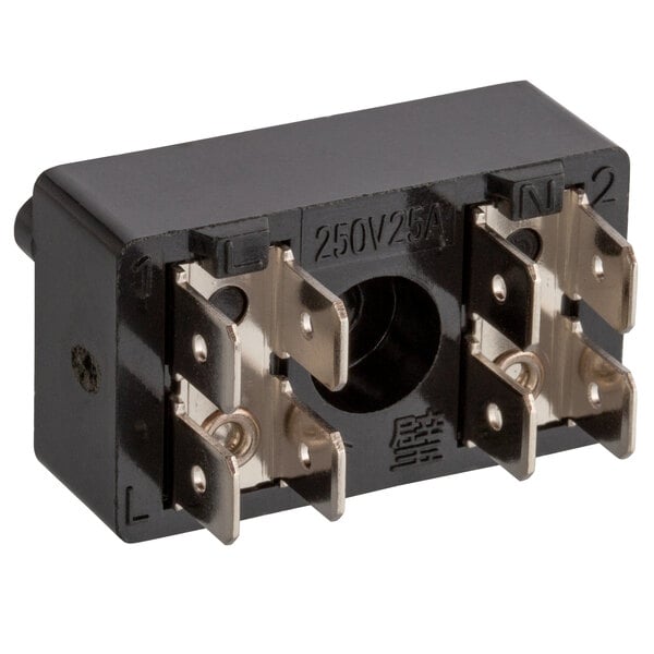 A black Cooking Performance Group terminal block with silver metal terminals.