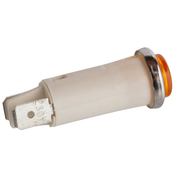 A white light bulb with an orange cap.