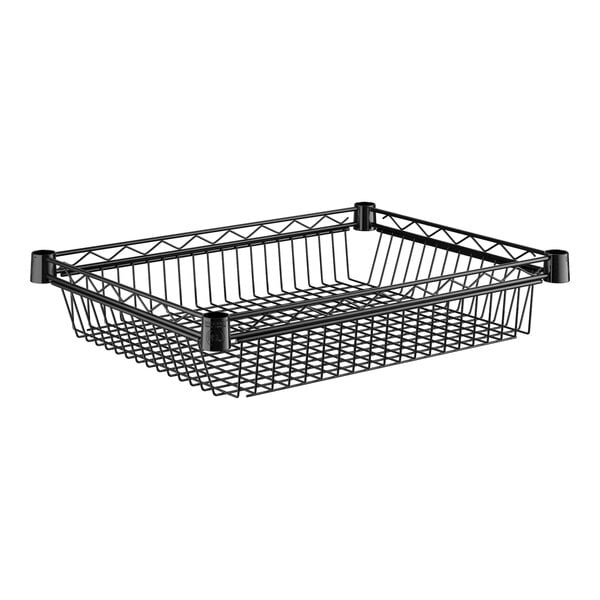 A black wire basket with two black handles.