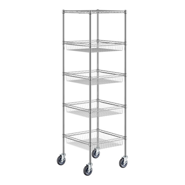 A Regency chrome wire shelving unit with four baskets and one shelf on wheels.
