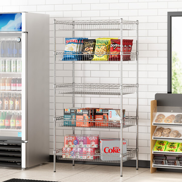 A Regency chrome wire shelving unit with snacks and drinks on it.