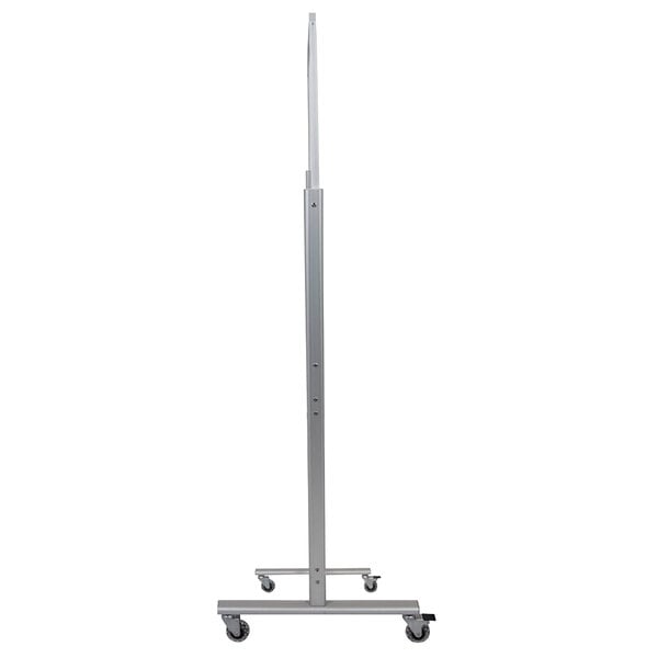 A silver metal stand with wheels for a Luxor Magnetic Glass Whiteboard.