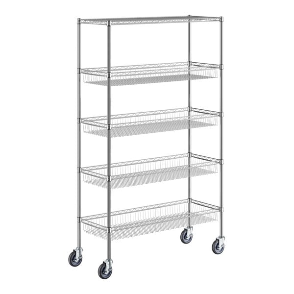 A Regency chrome wire shelving unit with 4 baskets and 1 shelf.
