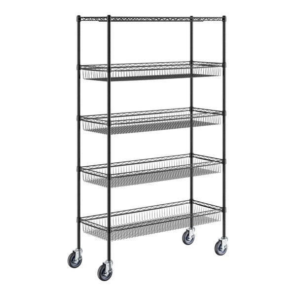 A black wire shelving unit with baskets and a shelf on wheels.