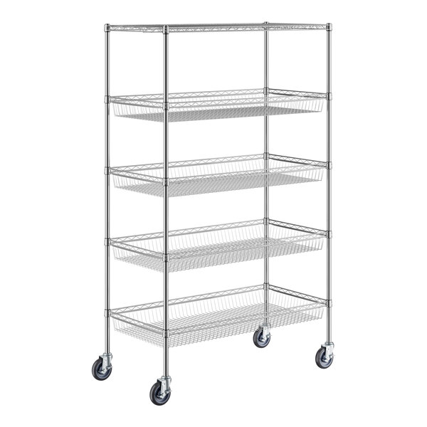 A Regency 4 tier metal wire shelving unit with wheels.