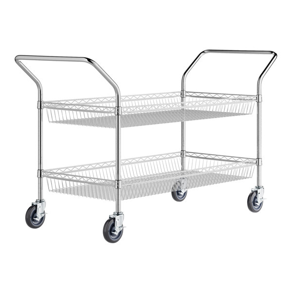 A Regency chrome metal cart with two shelves and wheels.
