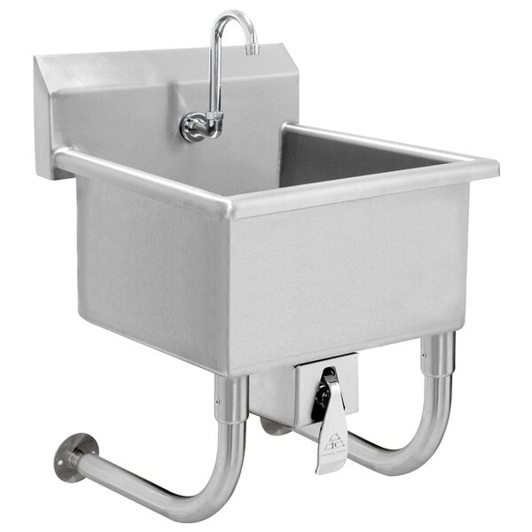 An Advance Tabco stainless steel hand sink with a knee operated faucet.