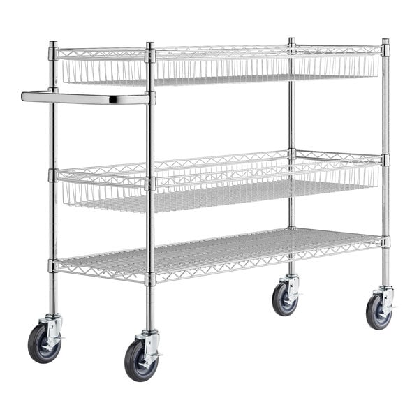 A chrome Regency metal utility cart with two baskets and one shelf on wheels.