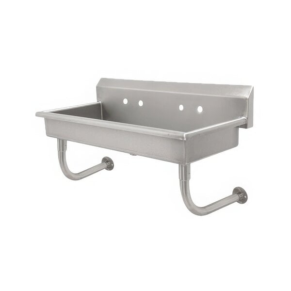 A stainless steel wall mounted Advance Tabco hand sink with 6 faucet holes.