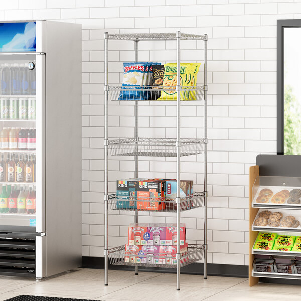 A Regency wire shelving unit with snacks and drinks on the shelves in a store.