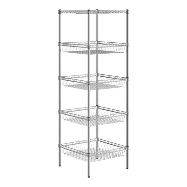 A wire shelf with four baskets hanging from it.