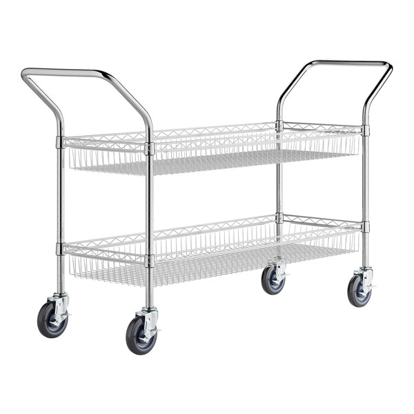 A Regency chrome metal utility cart with two shelves and wheels.