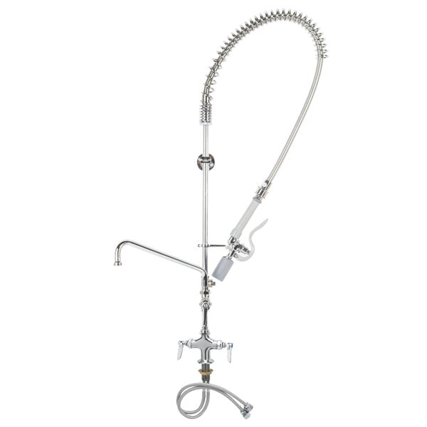 A chrome T&S pre-rinse faucet with a hose attached.