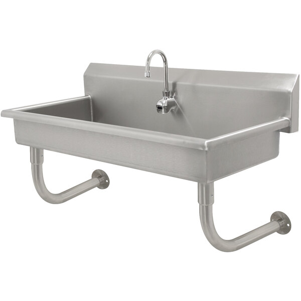 A stainless steel Advance Tabco multi-station hand sink with a faucet.