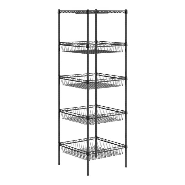 A black wire shelving unit with 4 baskets on it.