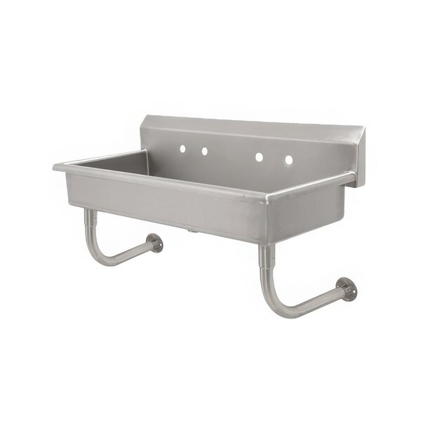 A stainless steel Advance Tabco hand sink with multiple faucet holes.