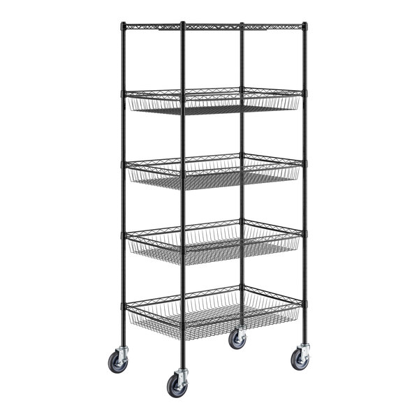 A Regency black wire shelving unit with 4 baskets and 1 shelf.