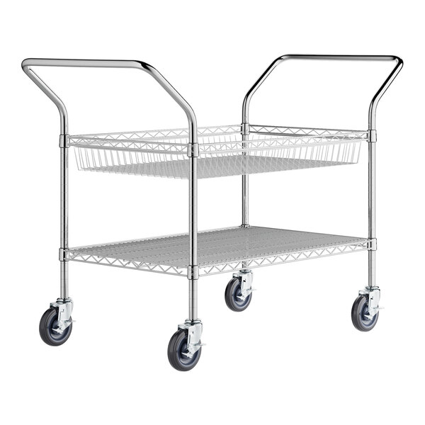 A Regency chrome metal utility cart with one shelf and one basket.