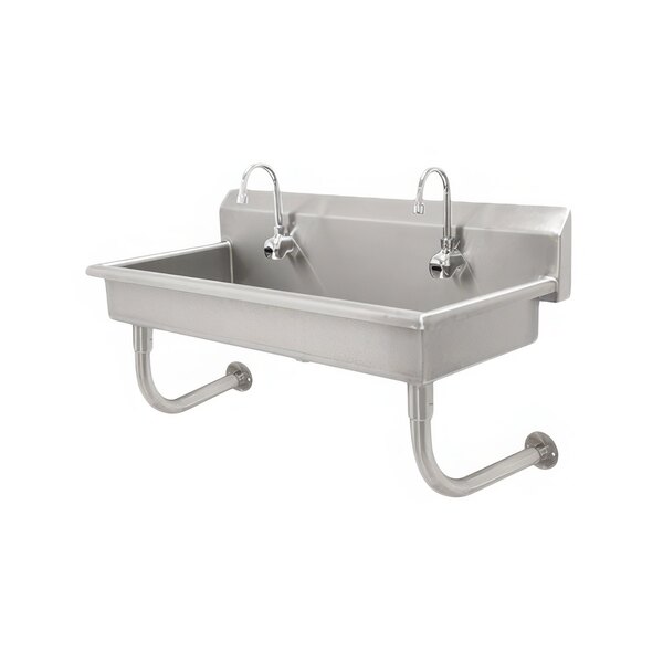 A stainless steel Advance Tabco multi-station hand sink with 5 electronic faucets.