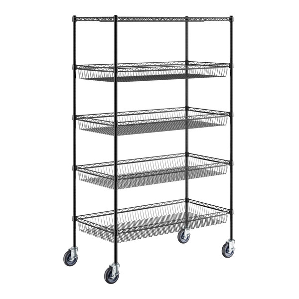 A black wire shelving unit with 4 baskets and 1 shelf.