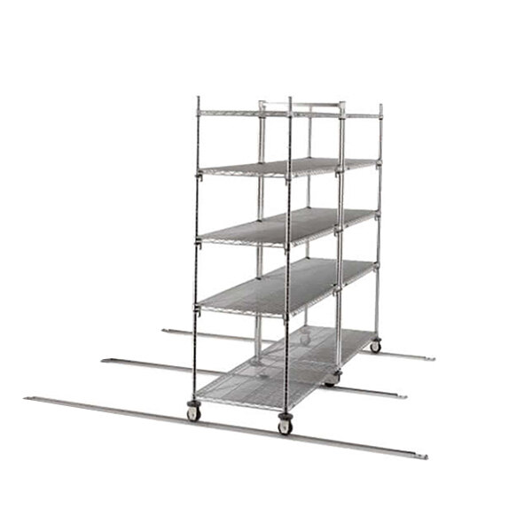 MetroMax i Double Deep Mobile Unit Kit for Metro qwikTRAK Floor Track Shelving with 18" Wide Shelves on wheels.