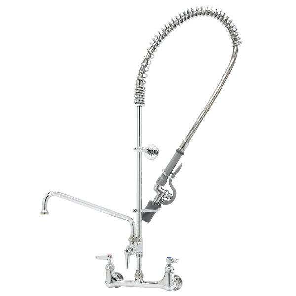 A chrome T&S pre-rinse faucet with a curved hose.