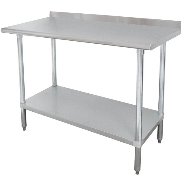 An Advance Tabco stainless steel work table with undershelf.