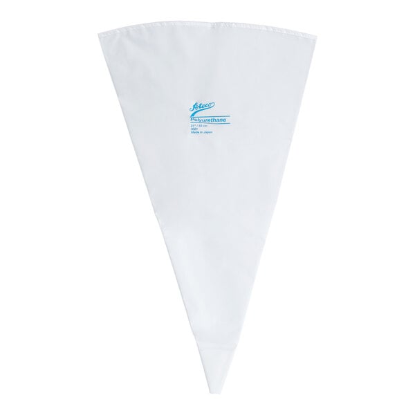 A white, triangular pastry bag with a reinforced tip and blue text printed near the top center.