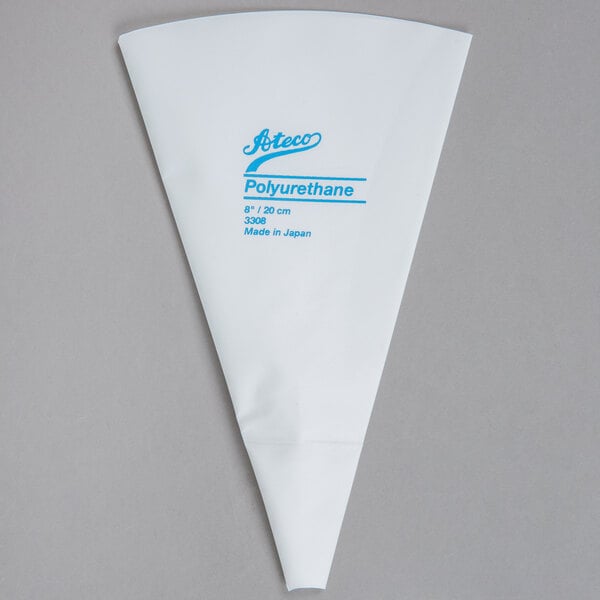 A white plastic bag with blue text that says "Ateco 8" Polyurethane Coated Reusable Pastry Bag"