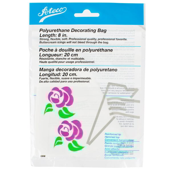 An Ateco white plastic bag with purple flowers.