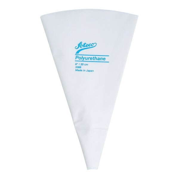 A white, cone-shaped pastry bag with blue text printed on it.