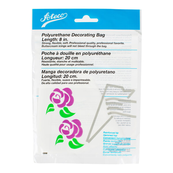 A package labeled as a polyurethane decorating bag with floral graphics and multilingual text, featuring a blue header with the Ateco logo.