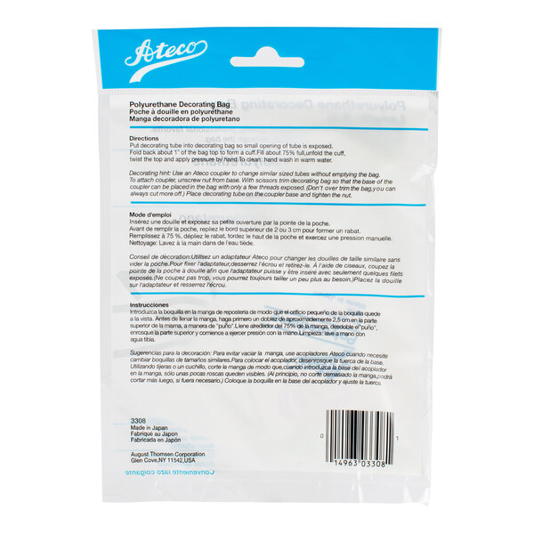 The image shows the back of a package for an Ateco polyurethane decorating bag, featuring instructions in multiple languages and a barcode at the bottom right.