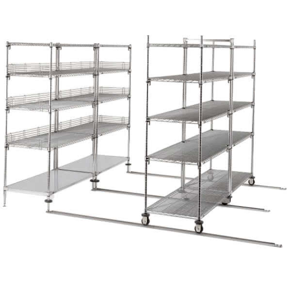 A Metro qwikTRAK double deep metal shelving unit with wheels.