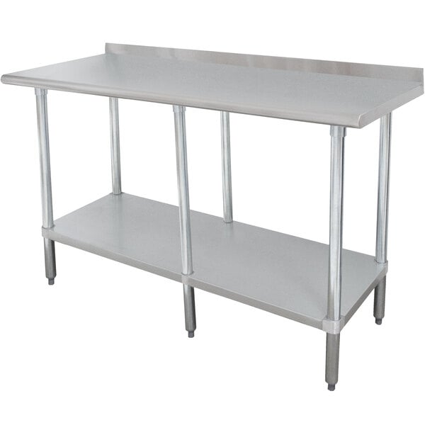 An Advance Tabco stainless steel work table with undershelf and backsplash.