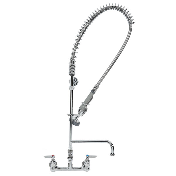 A chrome T&S pre-rinse faucet with an attached hose.