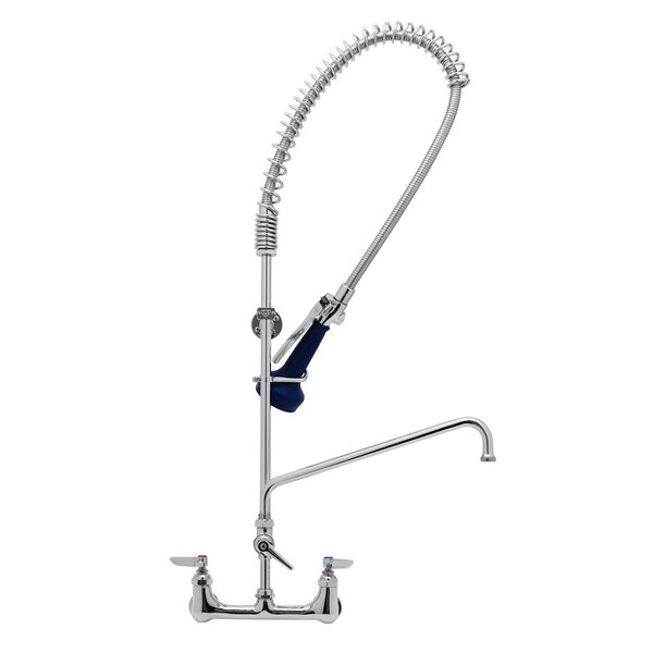 A chrome T&S pre-rinse faucet with a flexible hose.