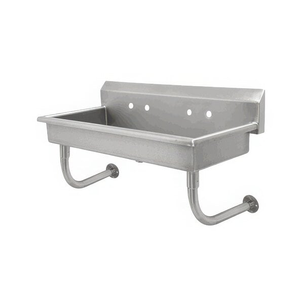 A stainless steel wall mounted Advance Tabco hand sink with two holes.