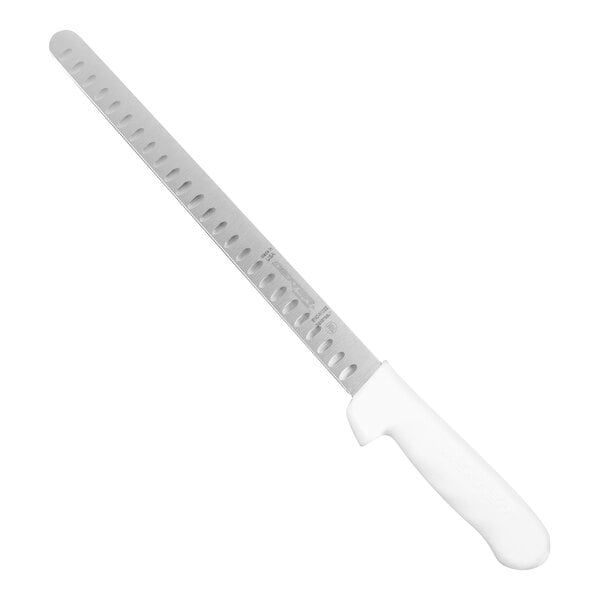 A long, narrow slicer knife with a white handle and a stainless steel blade featuring oval indentations along the edge.