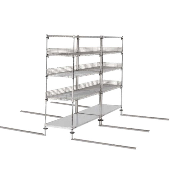 A MetroMax Q metal shelving unit with three shelves.