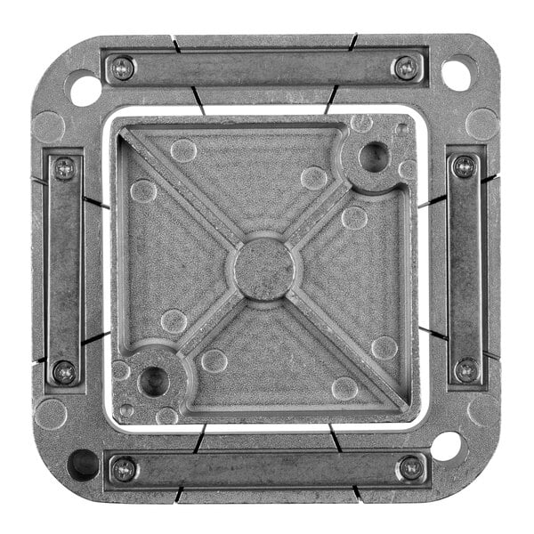 A metal square with holes and screws.