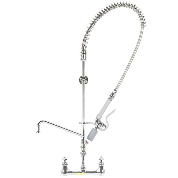 A T&S wall mounted pre-rinse faucet with a hose and lever handles on a white background.