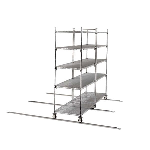 A Metro qwikTRAK chrome mobile shelving unit with metal poles and wheels.