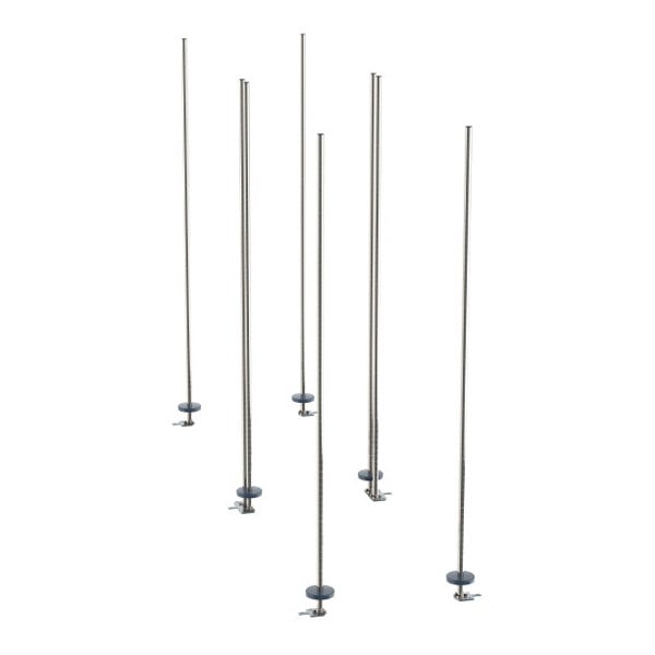 A set of six stainless steel stationary intermediate unit poles with base attachments.