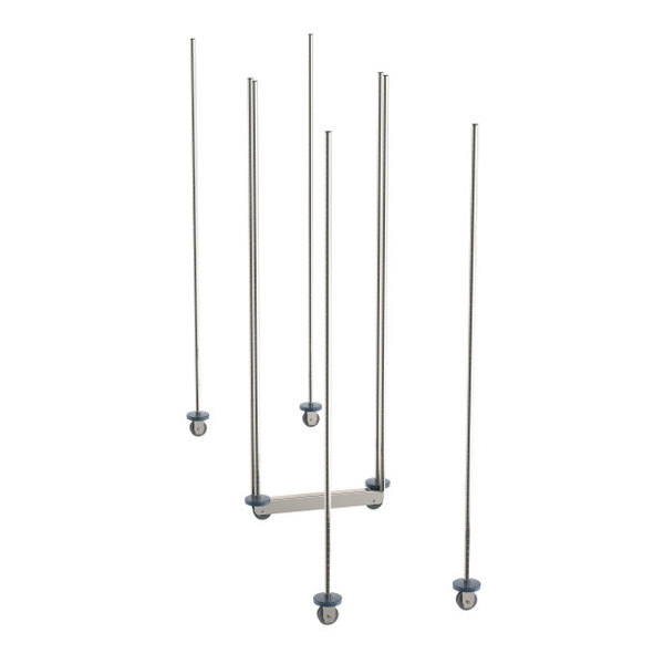 A stainless steel double deep mobile shelving unit kit with multiple vertical rods and a base for 24-inch wide shelves.